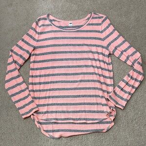 Old Navy Coral and Gray Striped Ribbed Plush Knit Tee